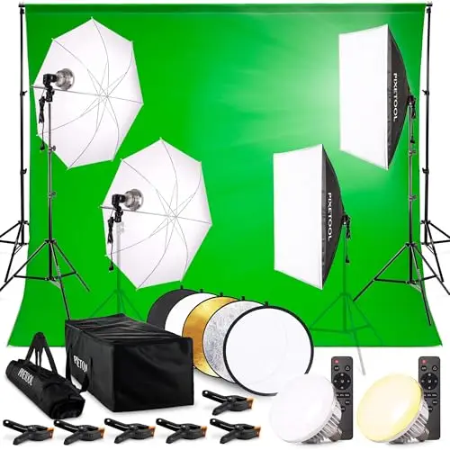Set de Estudio Fotografía - Green Screen (3 x 3 m) con Soporte (3 x 2,6 m) - Softbox con Luces - Fondo Fotografia - Caja de Luz Fotografía - Accesorios Fotografia Gaming Streaming