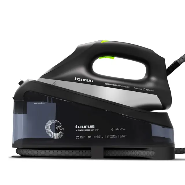 Taurus - Centro Planchado Sliding Pro 3000 Non Stop | 3000W | Vapor 130 g/min | Golpe 400 g/min | Plancha Vertical | Suela Cerámica | ECO y MAX | Depósito 1.5L | Autolimpieza | Bloqueo | Negro