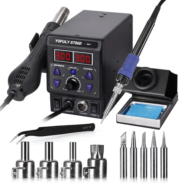 Yofuly 750W Estación de Soldadura, 2 EN 1 Soldadura y Retrabajo de Aire Caliente SMD 8786D Soldering Station Soldador de Estaño Profesional Ajustable 392°F-896°F (EU)