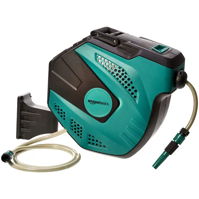Amazon Basics Enrollador automático de manguera para pared, Verde, 35 m