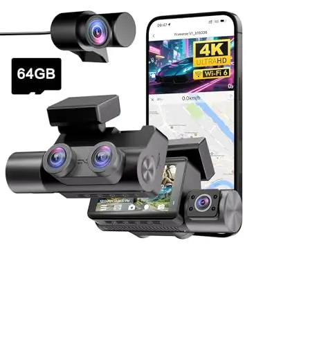 Dashcam 4K 3 Canales para Coche, Cámara Coche Interior y Trasera con GPS WiFi 6, Vigilancia 24H Parking, Visión Nocturna HDR, Dash CAM Coche con Tarjeta 64GB Gratis (V1)