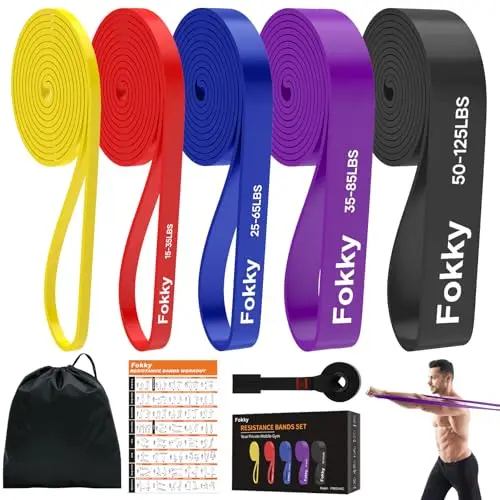 Fokky Gomas Elasticas Musculacion de 5 Niveles, Bandas Elasticas Musculacion con Anclaje de Puerta, Guía de Ejercicios para Entrenamiento de Fuerza,Estiramiento,Calistenia y CrossFitness