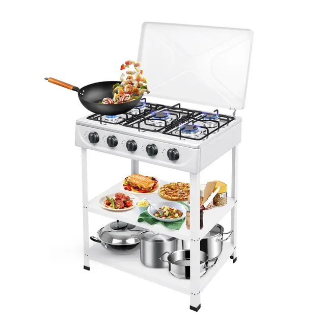 Cocina de gas de 5 fuegos, 2,5 kW, cocina de gas natural independiente con bandeja de dos capas y tapa, hornillo de gas portátil para camping, pesca y viajes