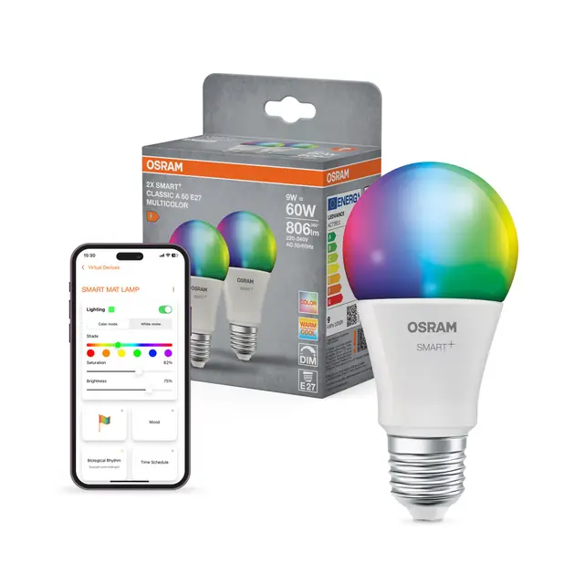 OSRAM SMART+ Bombilla RGB (pack de 2, E27, 9W) – luz blanca regulable + colores – compatible con Matter vía Wi-Fi – Alexa, Google, Apple