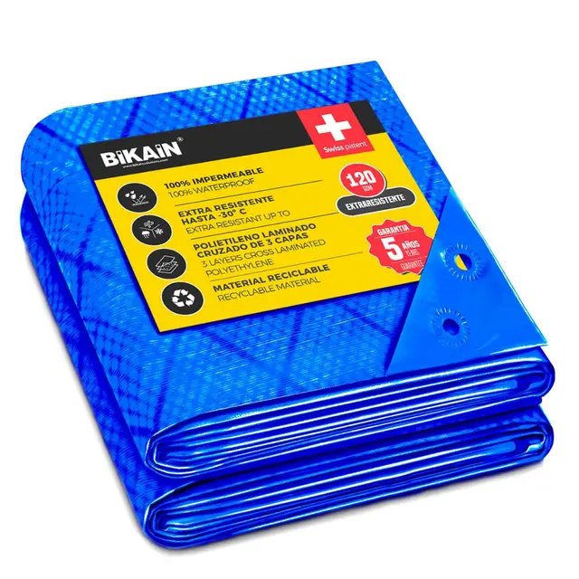 Bikain - Lona Impermeable Exterior - 2x3 Metros - 70g/m2 Reforzada - Argollas Antidesgarro - Toldo 100% Impermeable y 100% Protección UV - Cubretodo Múltiples Usos - 3 Capas Laminado Cruzado