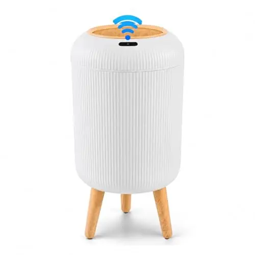 Papelera Automática 10L con Sensor para Baño, Blanca - Cubo Basura Inteligente con Diseño Redondo Elegante, Patas de Madera y Apertura Sin Contacto para Salón, Dormitorio u Oficina (10L)