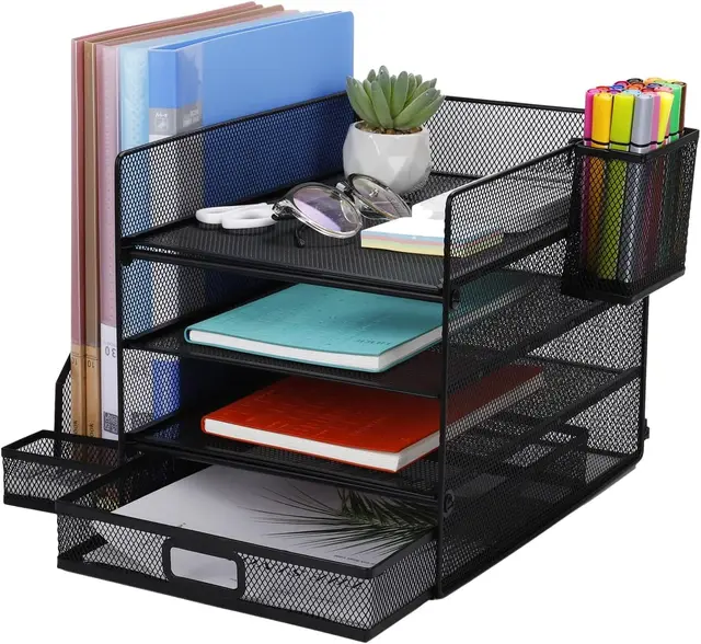 para archivos A4, archivador de 3 niveles, 1 organizador de piezas pequeñas y 1 portalápices, organizador de almacenamiento de malla de escritorio con archivador de suministros de oficina