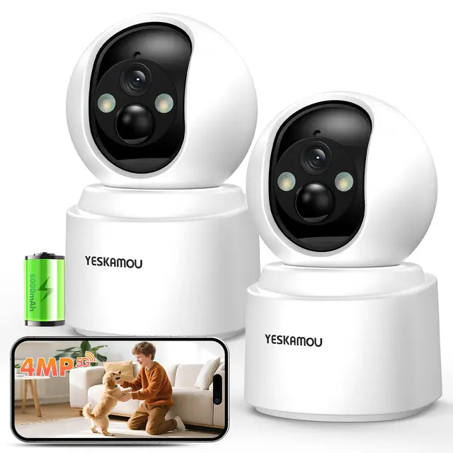 Pack 2 Unidades Camara Vigilancia WiFi Interior Sin Cables, Batería 6000mAh Recargable Larga Duración, 2.5K 4MP Visión Nocturna Color, 360° PTZ, Detección PIR, Cobertura Bebé Mascotas Seguridad Hogar
