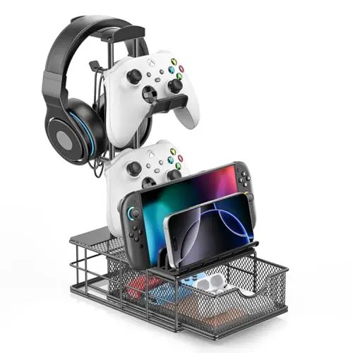 KDD Soporte Auriculares Gaming con Cajón, Universal Soporte Mando & Porta Auriculares Mesa con Organizador de Cables, Gancho Controlador con Barra de Apoyo de Aluminio para Juegos Accesorios Gaming PC