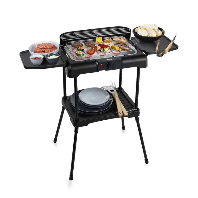 Princess 112250 Barbacoa Eléctrica con estantes Laterales 2 en 1, Parrilla de sobremesa o Barbacoa de pie, 2 Parrillas a 2 Alturas, Superficie de 40 x 24.5 cm, termostato Ajustable, Negro