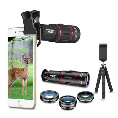 Apexel Kit de Lentes para Cámara de Teléfono 18X, Gran Angular, Lente Macro, Ojo de Pez, Lente Caleidoscopio, Filtro de Estrella con Trípode Disparador Remoto para iPhone, Samsung y la Mayoría