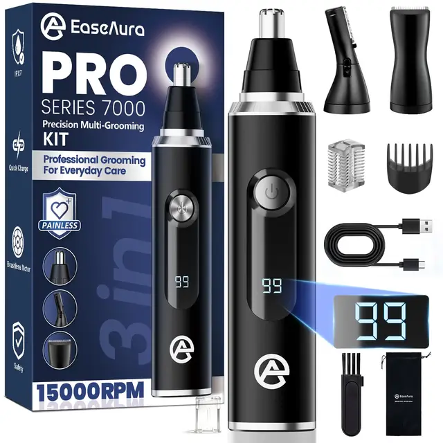 Cortapelos Nariz y Orejas Recargable 3 en 1, Recortador Pelos Nariz Hombre y Mujer, Cortador Pelos Nariz y Orejas Eléctrico, Trimmer Cejas y Barba, Quitapelos Nariz, Tijeras, LED, IPX7