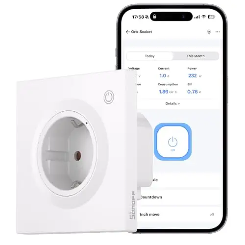 SONOFF Fusion, Orb Socket(Schuko), WS01TPF-E, Enchufe de Pared Inteligente, Compatible con Matter, Wi-Fi 2.4GHz, Estándar UE, 16A, 4000W, Monitoreo de Energía, Protección contra Sobrecargas