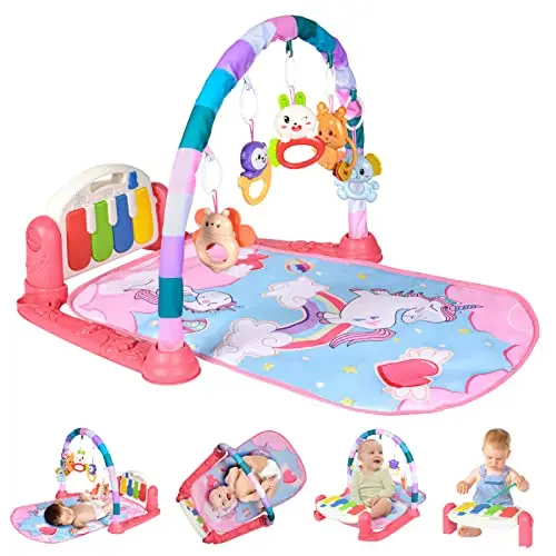 AOMIG Gimnasio De Juegos Para Bebe,Manta de Juego para Bebé con Piano con 3Sonidos y 5Accesorios,Motivo de Animales,Tapete De Juegos Para Bebés de 0-24 Meses que,Alfombra Piano Gimnasio para Bebés