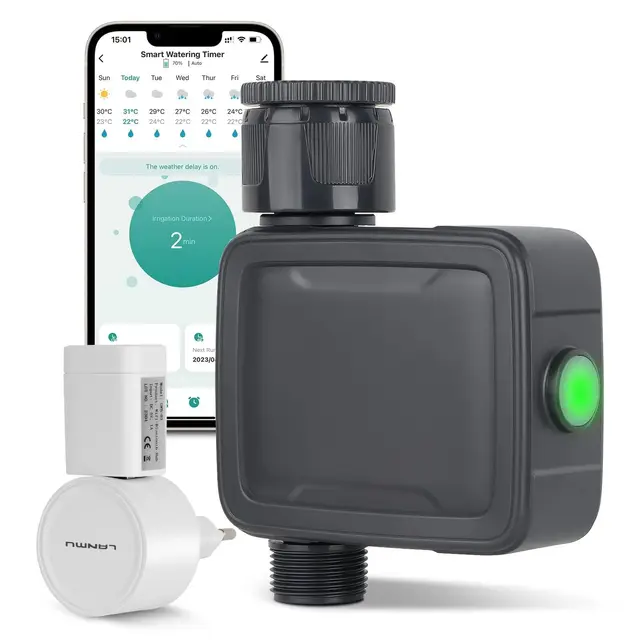 Tesmotor Ordenador de Riego, Programador de Riego WiFi Inteligente, Temporizador de Riego Automático con Control por App y Voz, Función Retardo de Lluvia, Sistema de Riego para Jardín e Invernadero