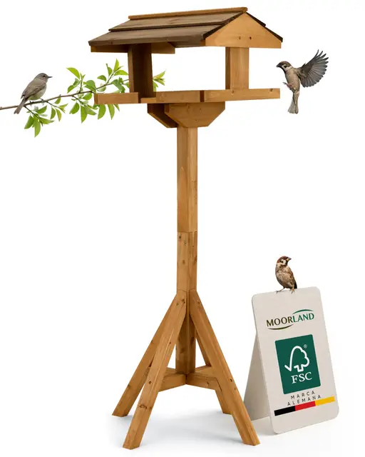 Moorland Casa para Pájaros Abierta con Soporte 114 cm – Comedero Marrón de Madera de Abeto FSC – Techo de Madera Oscura – Kit de Montaje – Grande para Jardín y Balcón – Resistente al Clima – VH4
