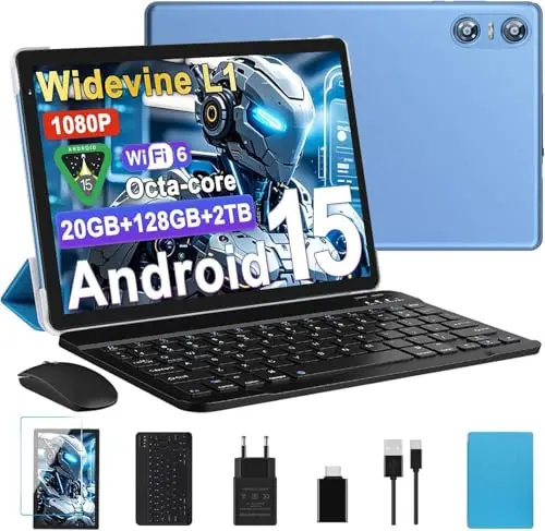 Tablet Android 15 Tablet 10 Pulgadas, 20GB RAM + 128GB ROM (TF 2TB), Octa-Core, Widevine L1, GMS, 5G+2.4G WiFi 6, 5 + 8 MP, 1280 * 800 Pixels, 6000mAh, Bluetooth 5.0, Tablet con Teclado y Raton Azul