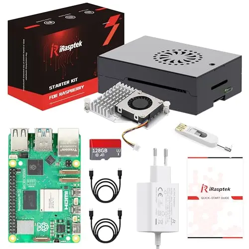 iRasptek Starter Kit For Raspberry Pi 5 8GB RAM - Edición OS-Bookworm de 128GB preinstalada (Caja de Aluminio)