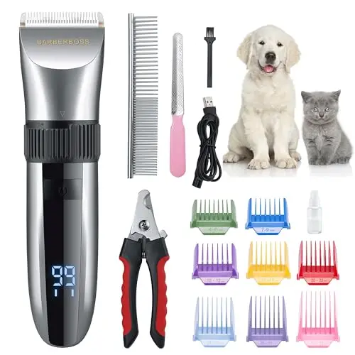 BarberBoss Cortapelos inalámbrico para perros, impermeable, cuchillas de cerámica, pantalla LED, carga rápida, cortadora eléctrica para mascotas (Plata)