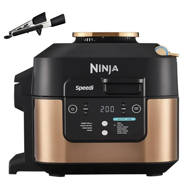 Ninja Speedi Olla Exprés Multifunción Rápida, Olla Eléctrica con Freidora Aire 5,7L, 10 en 1, Freidora sin Aceite, Horno, Cocción Lenta, al Vapor y más, 4 Porciones en 15min, Negro y Cobre, ON400EUCP