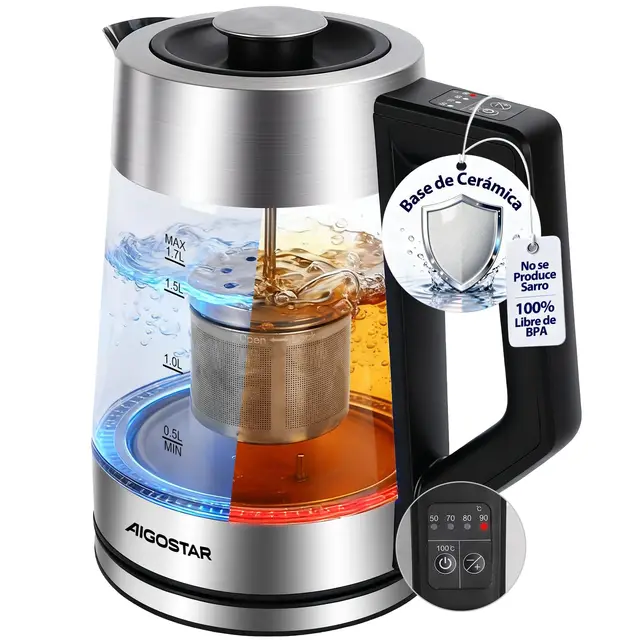 Aigostar Hervidor de Agua Electrico con Regulador de Temperatura, Revestimiento Cerámico Anti-Sarro, 1,7 Litros Tetera Electrica de Acero Inox & Cristal, 2200W Rápido, Función Mantener Calor, BPA Free