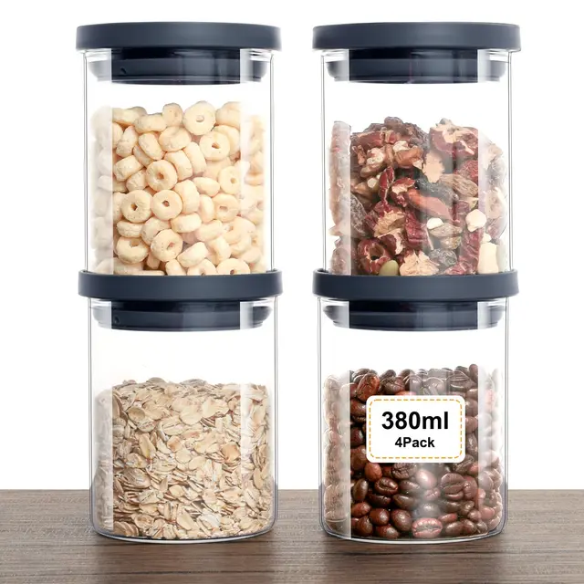 VINATO 4 Tarros de Cristal con Tapa - Botes Cocina Almacenaje Herméticos, Set de Tarros Cristal para Frutos Secos y Especias, 380ml, Sin BPA
