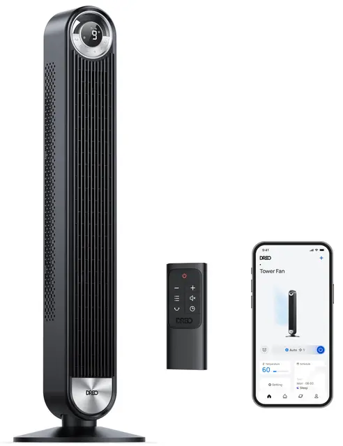 Dreo Ventilador de torre inteligente Cruiser Pro 106 cm, WiFi Alexa, oscilante de 90°, 9 ajustes de velocidad, temporizador de 12 horas, control APP, control por voz, mando a distancia, pantalla LED