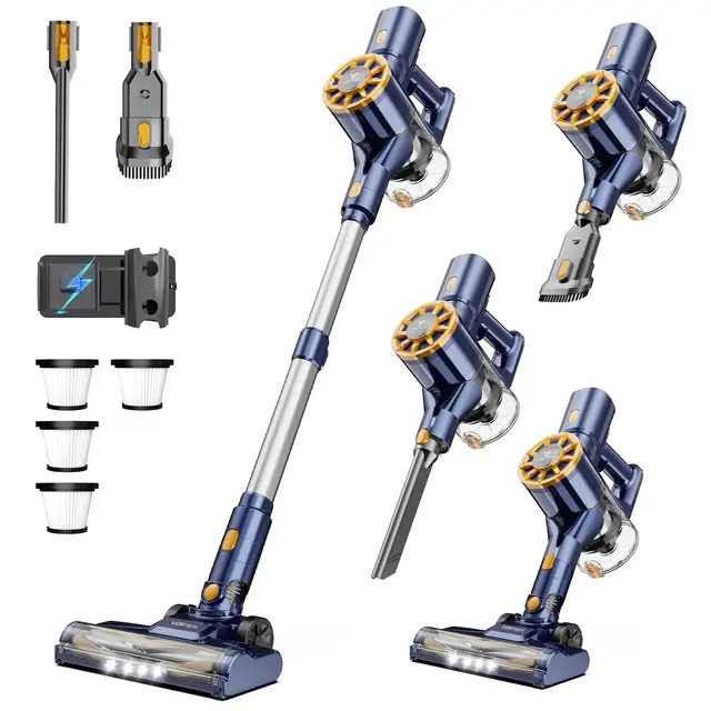 Aspiradora sin Cable 55KPa/350W, Aspirador Escoba sin Cable con 4×HEPA, Cepillo Anti-Enredos en V, Aspiradora para Pelo de Mascotas/Alfombras/Suelos Duros
