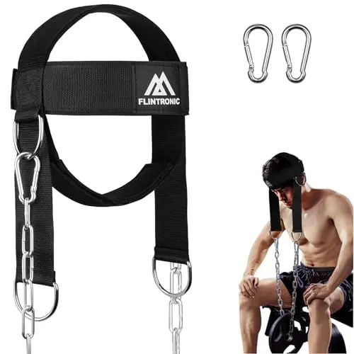 flintronic Arnés de Cabeza, Pesas Ajustables Entrenar Cuello Straps, Neopreno Acolchado Cinta Cabeza, Anillos D Extra-pesados y Cadena de acero, para Gimnasio, Musculacion, Ejercicio