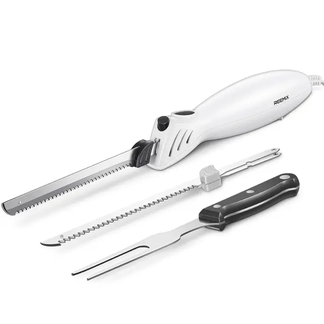 Reemix Cuchillo Eléctrico, hoja de acero inoxidable, Pan, Afilado Ondulado y Más, 2 Cuchillas para Carnes y Pan, Tenedor Incluido (blanco lechoso)
