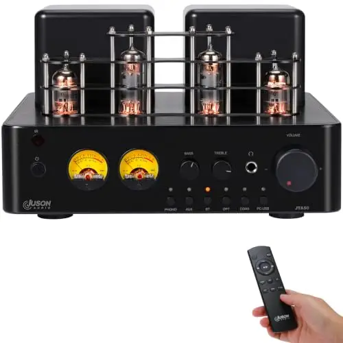 Juson Audio JTA50 Amplificador de Tubo de Nivel básico HiFi Amp con BT 5.0, Control Remoto, AUX, Coax, Phono y Entrada USB, Salida de subwoofer, 2.1 Canales para Tocadiscos