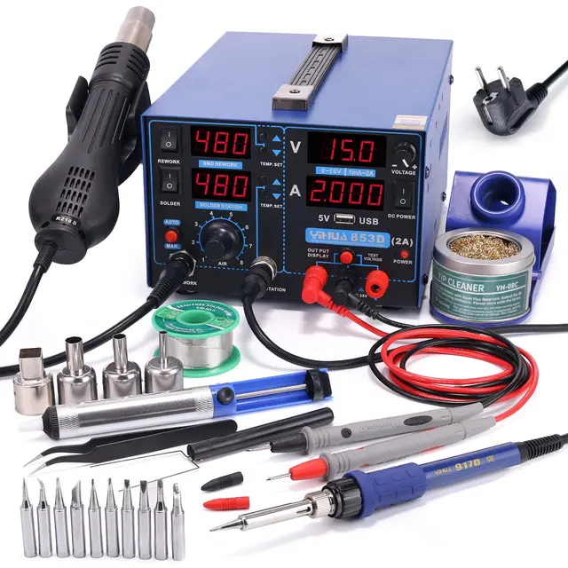YIHUA 853D 2A USB Estación de soldadura y estación de soldadura de aire caliente alimentador 0-15VDC Estación 3 en 1 con puerto de carga USB5V voltímetro de 35VDC para reparación de teléfonos móviles