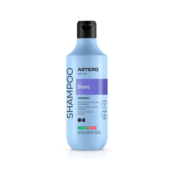 Artero Blanc. Champú Blanqueante para Perros de Pelo Blanco. Consigue el Blanco Nuclear. Brillo, suavidad y Limpieza de Raiz a Puntas. Apto para Perros Negros, Grises y Azules intensificando el Color
