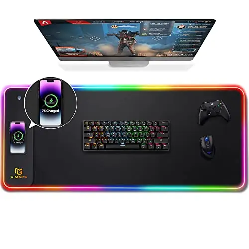 Gimars Alfombrilla Ratón Gaming RGB con 15W Carga Inalámbrica, 800×300mm Mousepad XXL con 10 Modos Iluminación LED, Tapete Rato Impermeable Base Antideslizante para Escritorio Oficina Gamer