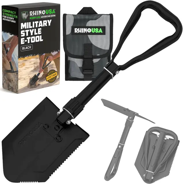 Rhino USA Pala Plegable con Pico - Pala eTool Plegable de Acero Robusta para Playa, Camping, Jardinería y más - Herramienta de Excavación Militar Táctica para Tierra, Arena, Barro y Nieve