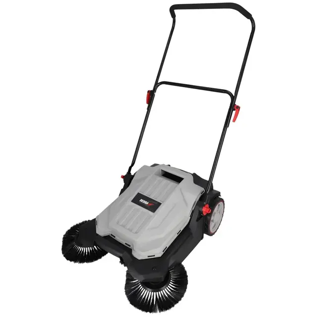 DEDRA Barredora de mano, 3 cepillos, 650 mm de ancho, depósito de 18 l, capacidad: 2600 m2/hora, manillar ajustable, ruedas resistentes, mango ergonómico