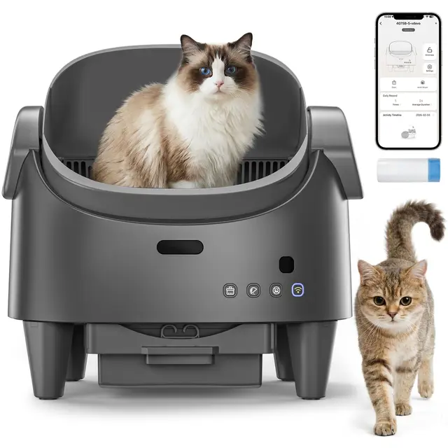 Arenero Gatos Autolimpiable con Diseño Abierto, Gran Capacidad 13L, Arenero Automatico con Sensores De Seguridad, App Monitor, Modos Automáticos y Manuales, Ideal para Hogares con Varios Gatos, Gris