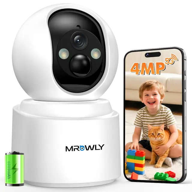 2.5K 4MP Camara Vigilancia WiFi Interior Sin Cable con Batería 6000mAh, 2.4/5GHz WiFi, 360° PTZ, Bebé/Animal/Seguridad para El Hogar, Detección PIR, Visión Nocturna Color, Conexión Bluetooth