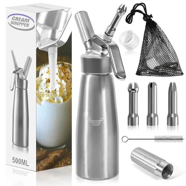 500 ml Sifón de Cocina Espumas, con 3 Boquillas y 1 Cepillo, Sifon de Nata para Decorar Pasteles de Cumpleaños