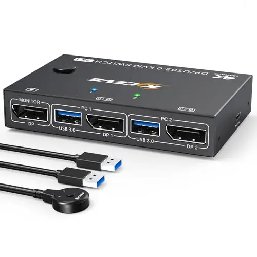 Switch KVM USB 3.0 Displayport 2 puertos 4K@144Hz, conmutador KVM ESKEVE 2 PC 1 monitor 8K@30Hz para 2 PC Compartir 1 monitor y 4 dispositivos USB3.0. Con cable USB y controlador de escritorio