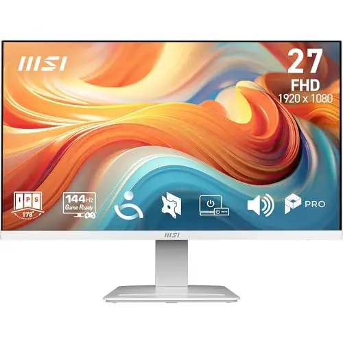 MSI Pro MP273WA E14A Monitor Profesional de 27" FHD, 1920 x 1080 IPS, 144 Hz, 1 ms, Compatible HDR, adaptative Sync, Eye Care, HDMI 2.0, DP 1.2a, sin Marco, inclinación Ajustable, Vesa, Blanco