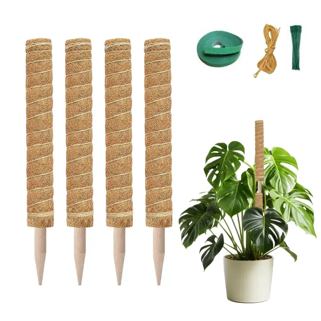 Tutores para Plantas Monstera, 4 Piezas 40cm en Fibra de Coco, con 2m de Cuerda, 2m Velcro y 20 Bridas, Apilables y Extraíbles, Soporte para Plantas Trepadoras (4)
