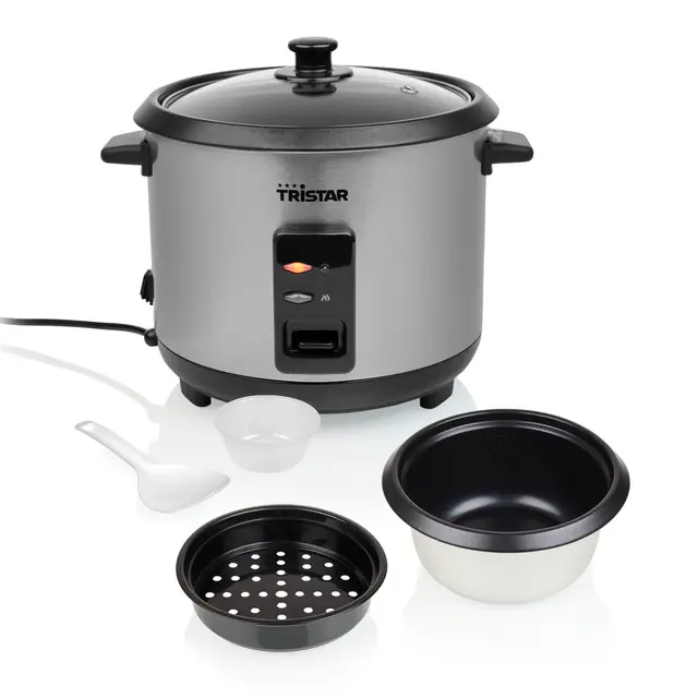 Tristar Olla Arrocera, 1,5 L de Capacidad, Carcasa de Acero Inoxidable, Bandeja de Vapor, Apagado Automático, Función Mantener Caliente, 500 W, RK-6145