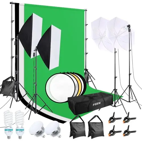 FGen,2X135W and 2X85W LED(Luz Monocroma) Kit de Softbox para Estudio Fotográfico,Algodón 2.6mx3m,2x50x70cm Iluminación Fotografía, Sombrillas, Saco de Arena y Kit Fotografia Estudio