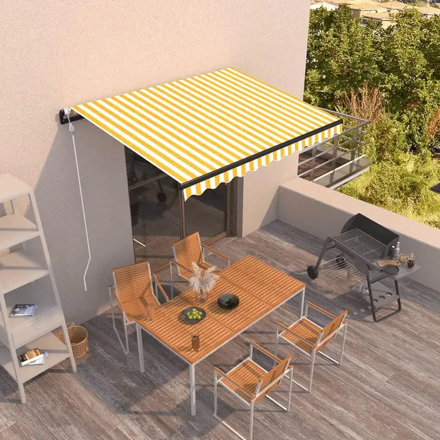 Brokky Toldo Motorizado 3.5 x 2.5 m con Mando a Distancia Toldo de Exterior Terraza Enrollable con Manivela Marco de Aluminio para Terraza, Jardín-Amarillo y blanco-350 x 250 cm