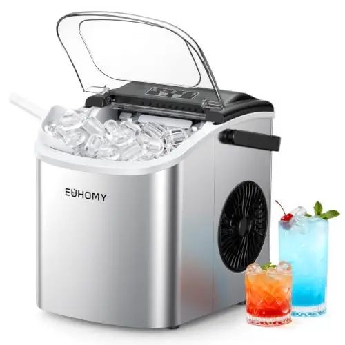 EUHOMY Máquina de Hielo 12Kg/24H, 9 Cubos en 6 Minutos, Maquina de Hacer Hielo Autolimpiable, 2 Tamaños de Hielo, con aAsa, Pala para Hielo y Cesta, Sirva Para Casa/Cocina/Oficina/Bar Plateada