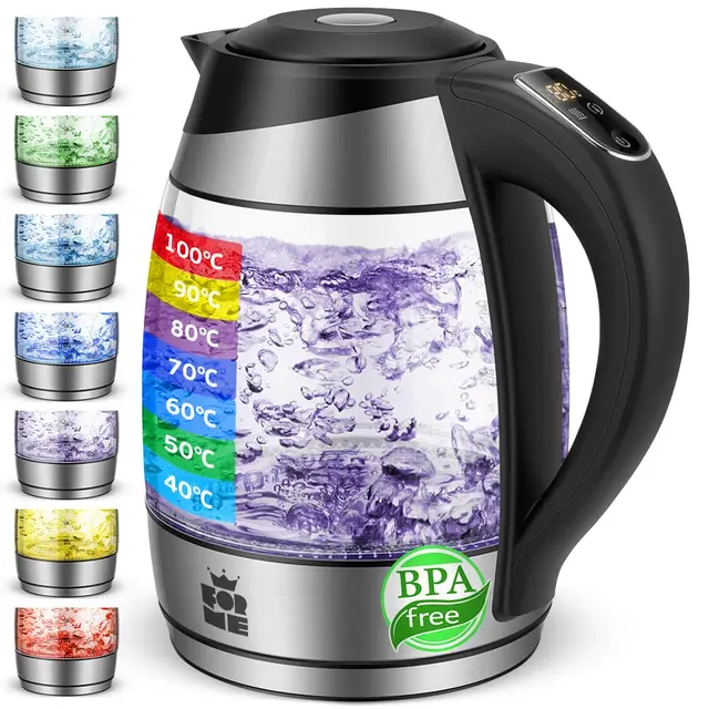 FOR ME Hervidor Eléctrico de Vidrio Agua 1,8L, Control de temperatura, Temperatura ajustable de 40°C a 100°C, Iluminación LED de 7 Colores, Función de Mantener Caliente, Libre de BPA