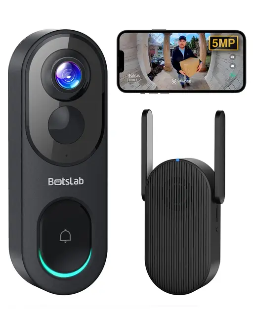 BOTSLAB Timbre Inalámbrico con Cámara, 5MP, Visión 180°, 150 Días de Duración de la Batería, Sin Cuota Mensual, Audio bidireccional, Detección de Personas, Impermeable, alertas, 2.4GHz WiFi