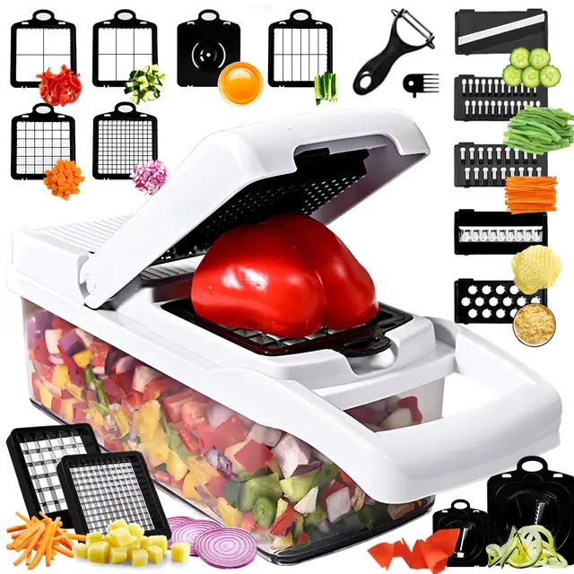Picador de verduras 25 en 1 con 13 cuchillas – Mandolina cortadora – Picador de alimentos con contenedor – Rallador de queso – Picador de verduras, ensalada y cebolla – Accesorio de cocina – Artículos