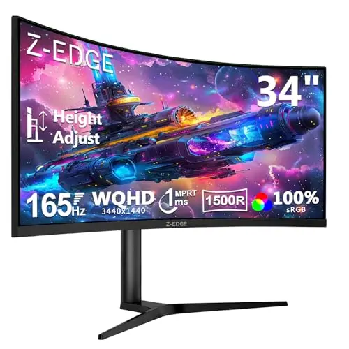 Z-Edge Monitor Gaming Curvo 34 Pulgadas, 165Hz, 3440x1440, 1ms MPRT, Altura & Inclinación Ajustables, Pantalla Ultra Ancho 21:9, FreeSync, 1500R VA, 2* HDMI2.0 &2* DP1.4, RGB, VESA 100 * 100mm